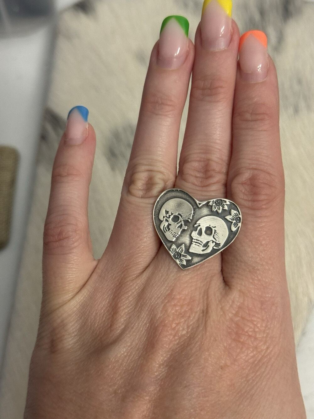 Sterling Silver Skeleton Skull Heads Halloween Gothic Goth Heart Love Biker Ring